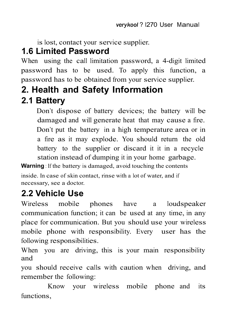 Health and safety information, 6 limited password, 1 battery | 2 vehicle use | Verykool i270 User Manual | Page 57 / 67