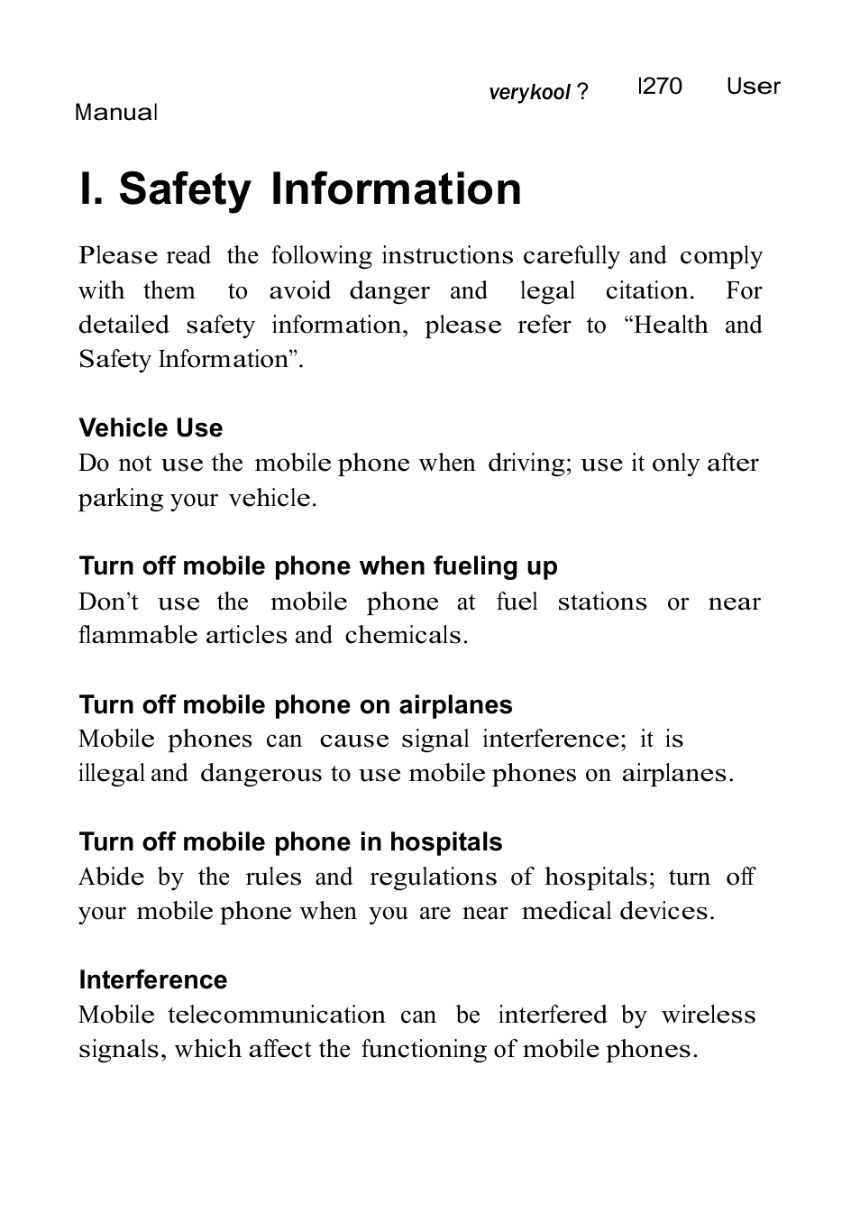 I. safety information | Verykool i270 User Manual | Page 6 / 67