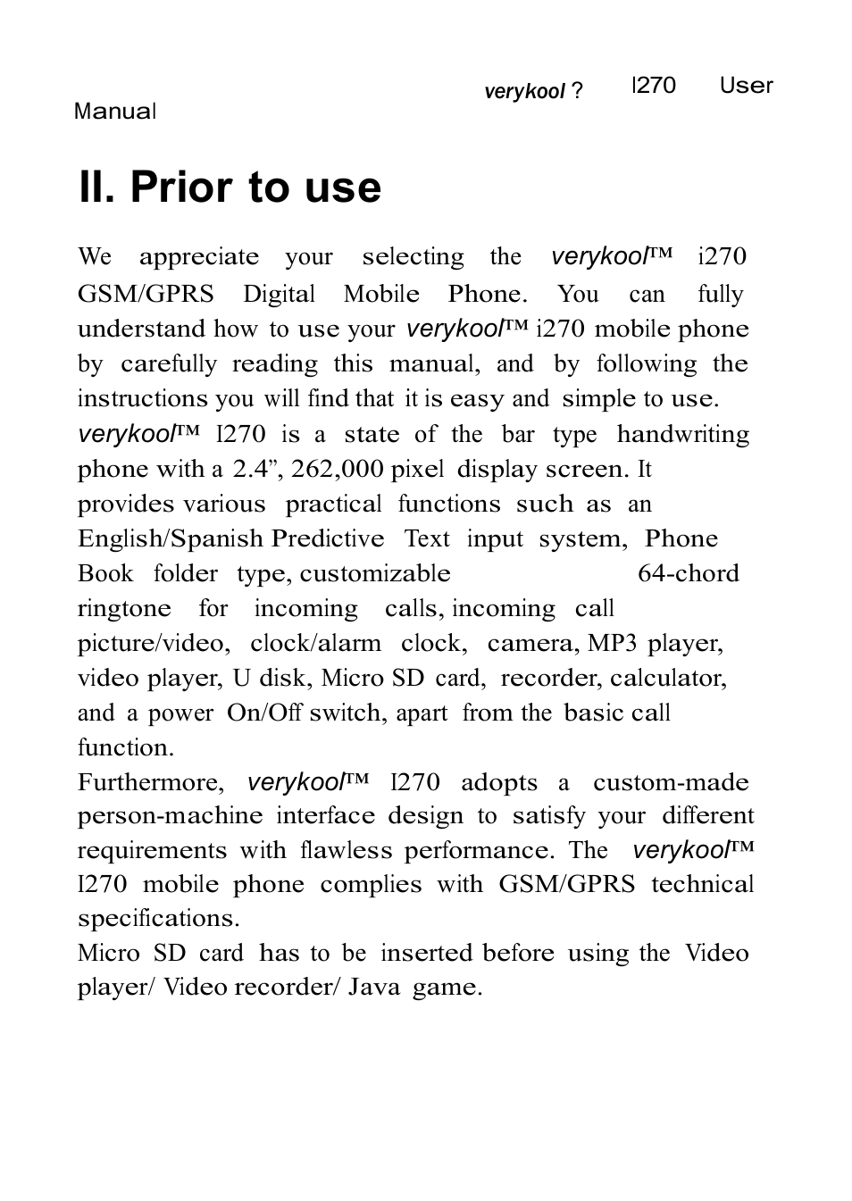 Ii. prior to use | Verykool i270 User Manual | Page 8 / 67