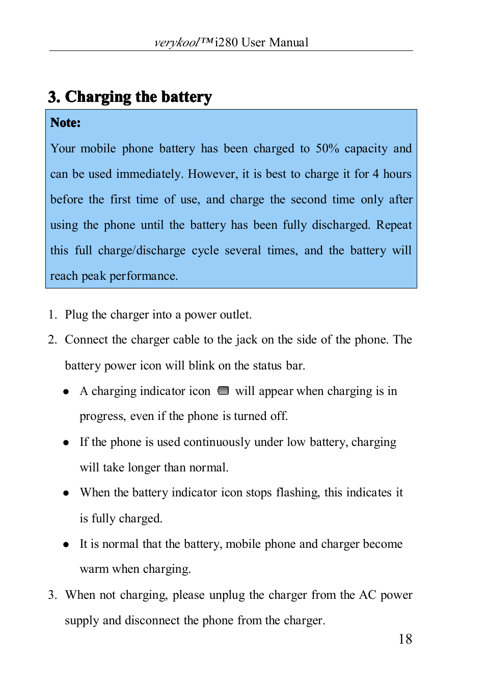 Charging the battery | Verykool i280 User Manual | Page 18 / 91
