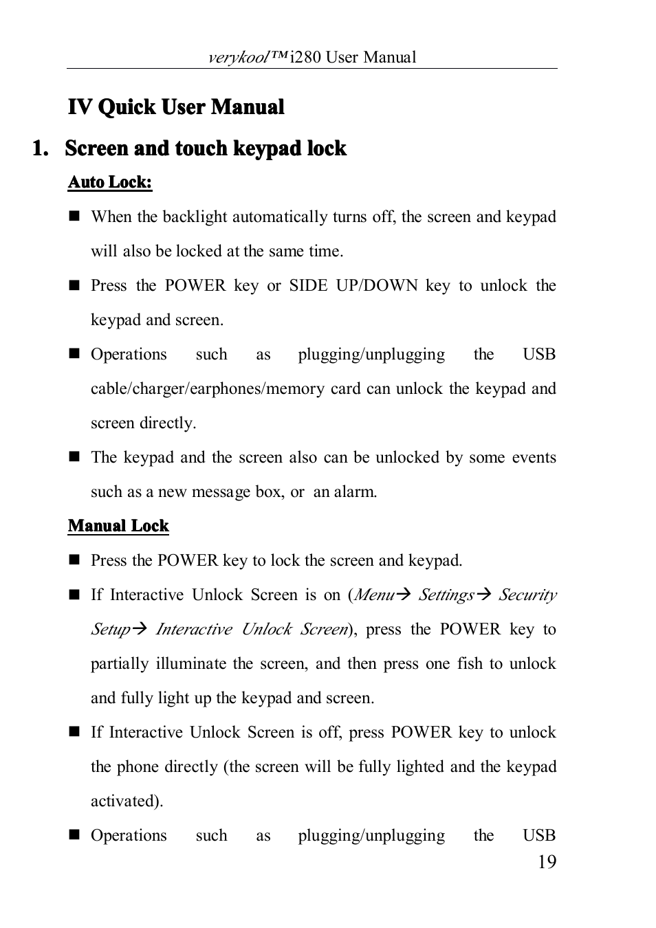 Iv quick user manual, Screen and touch keypad lock | Verykool i280 User Manual | Page 19 / 91