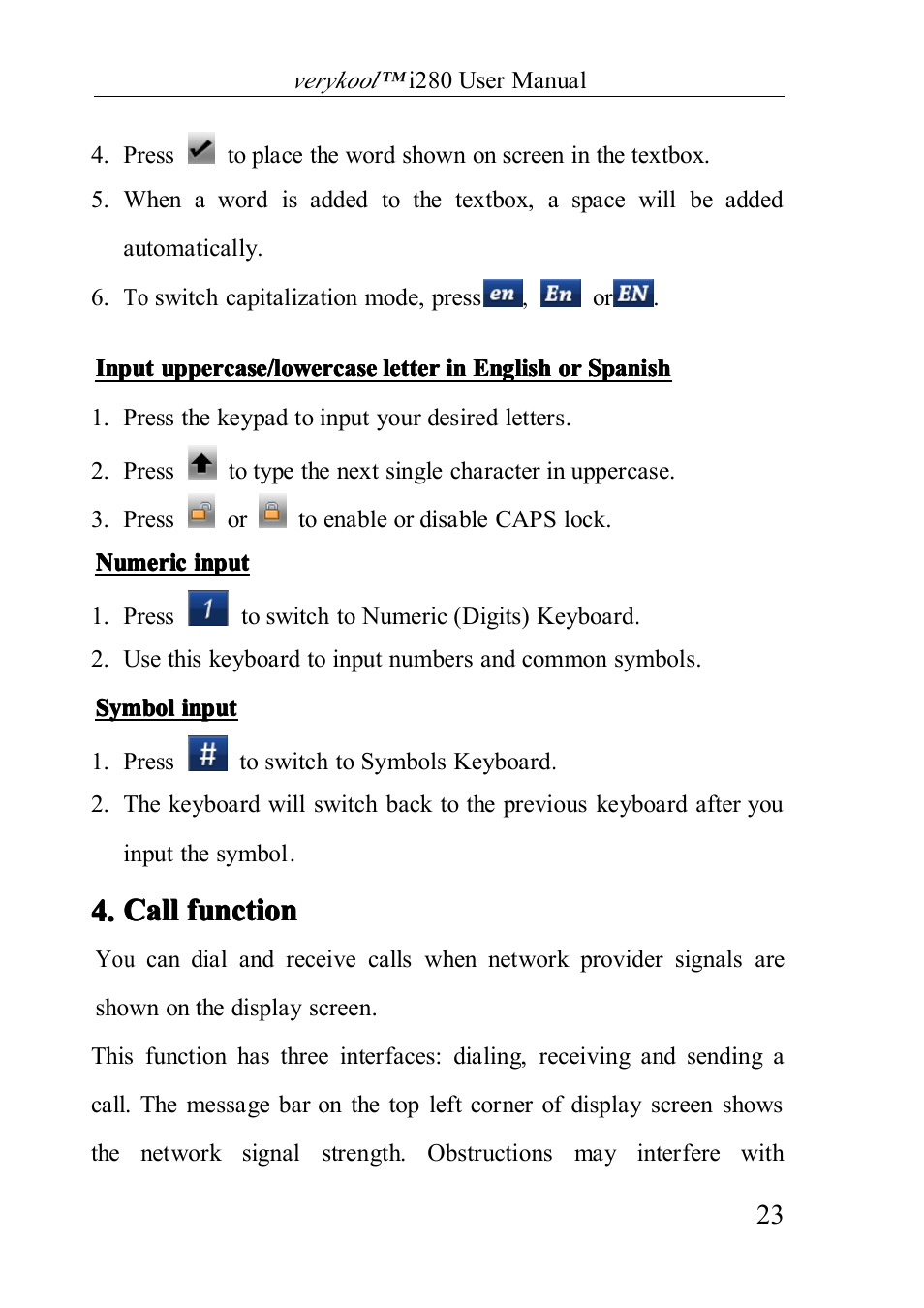 Call function | Verykool i280 User Manual | Page 23 / 91