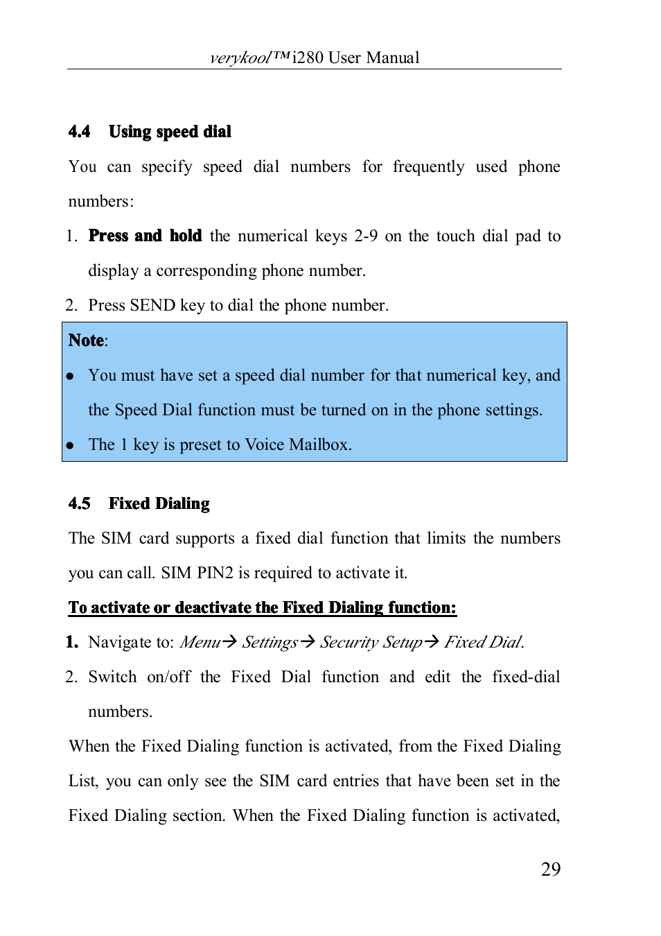 Usingspeeddial, Fixeddialing, 4 using speed dial | 5 fixed dialing | Verykool i280 User Manual | Page 29 / 91