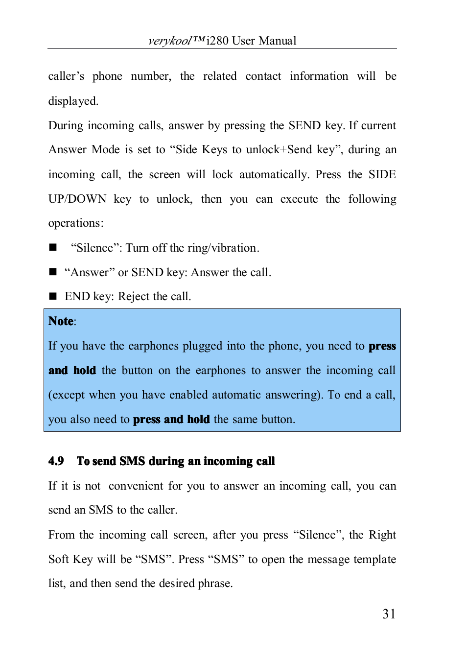 Tosendsmsduringanincomingcall, 9 to send sms during an incoming call | Verykool i280 User Manual | Page 31 / 91