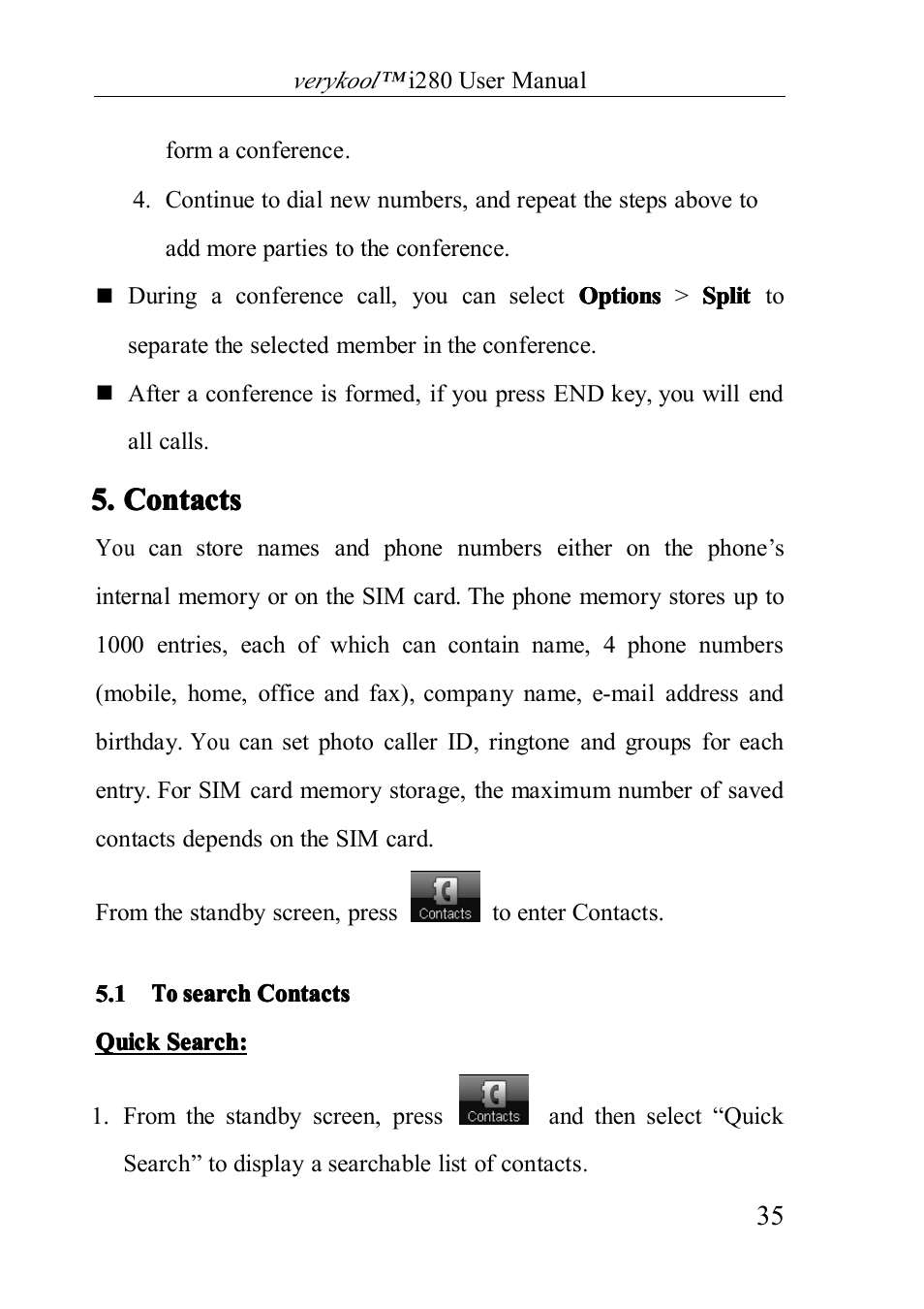 Tosearchcontacts, Contacts, 1 to search contacts | 5. contacts contacts contacts contacts | Verykool i280 User Manual | Page 35 / 91