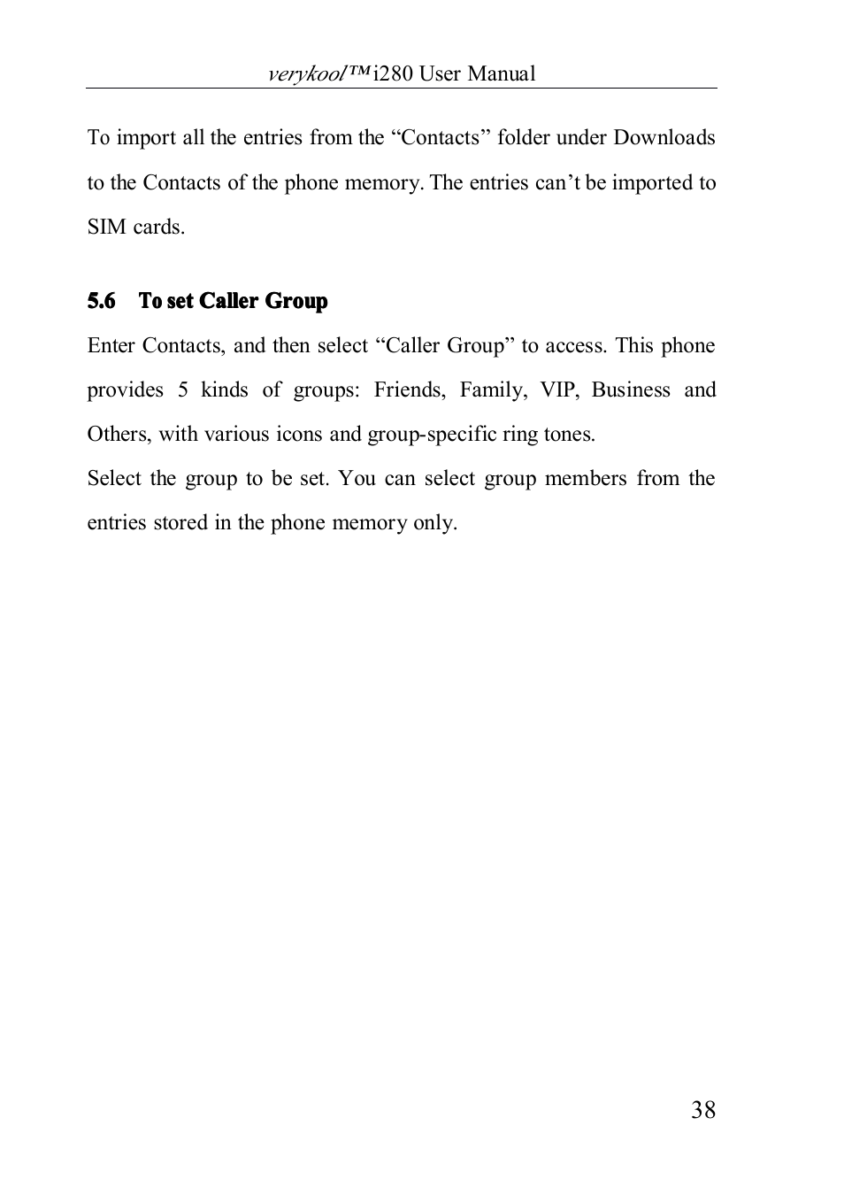 Tosetcallergroup, 6 to set caller group | Verykool i280 User Manual | Page 38 / 91
