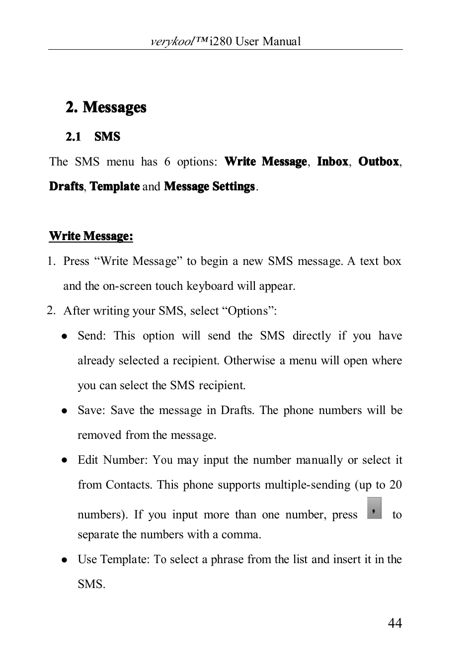 Messages, 1 sms, 2. messages messages messages messages | Verykool i280 User Manual | Page 44 / 91