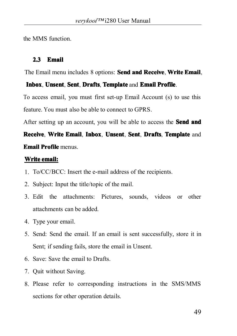 Email, 3 email | Verykool i280 User Manual | Page 49 / 91