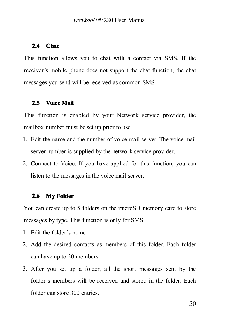 Chat, Voicemail, Myfolder | 4 chat, 5 voice mail, 6 my folder | Verykool i280 User Manual | Page 50 / 91