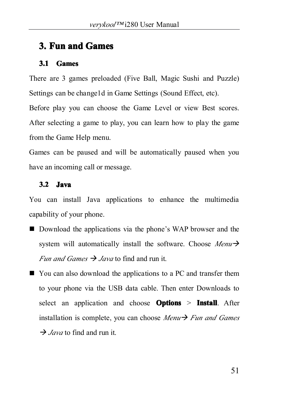 Games, Java, Fun and games | 1 games, 2 java | Verykool i280 User Manual | Page 51 / 91