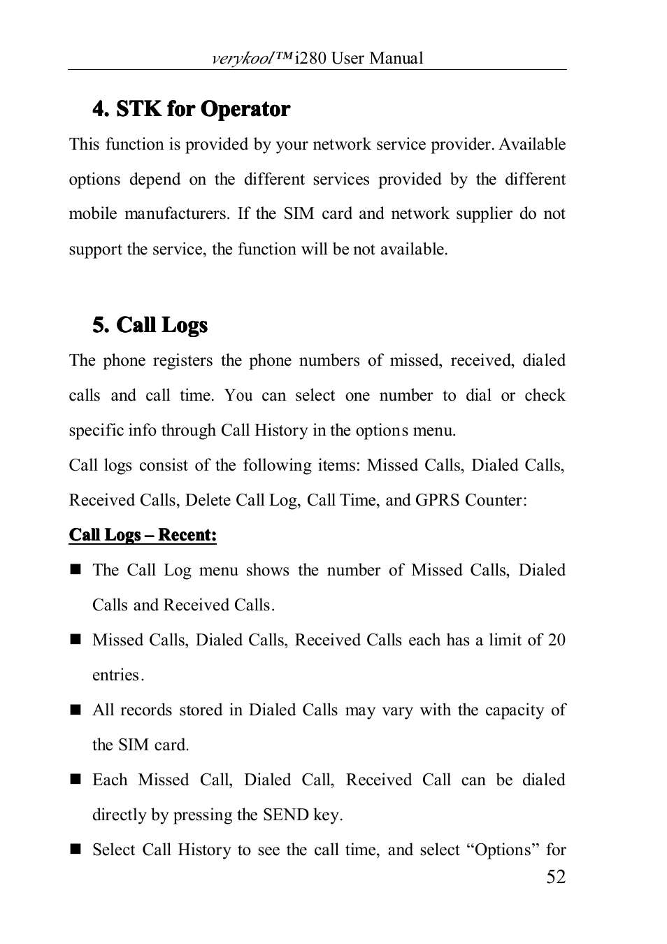 Stk for operator, Call logs, 5. call call call call logs logs logs logs | Verykool i280 User Manual | Page 52 / 91