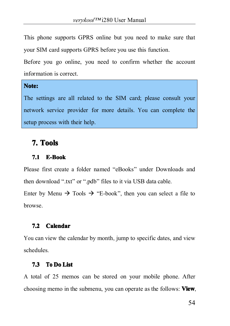 E-book, Calendar, Todolist | Tools, 1 e-book, 2 calendar, 3 to do list, 7. tools tools tools tools | Verykool i280 User Manual | Page 54 / 91