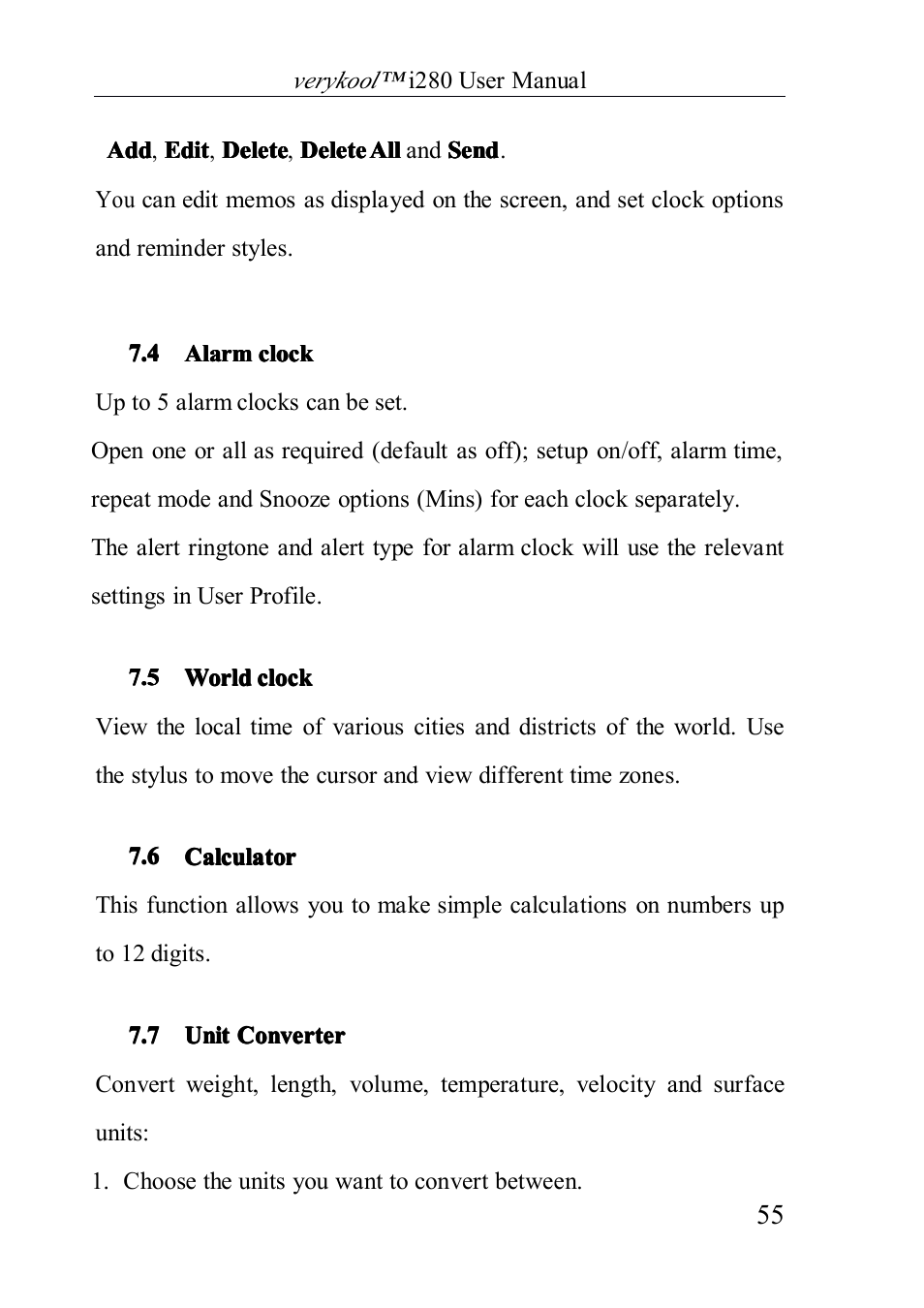 Alarmclock, Worldclock, Calculator | Unitconverter, 4 alarm clock, 5 world clock, 6 calculator, 7 unit converter | Verykool i280 User Manual | Page 55 / 91