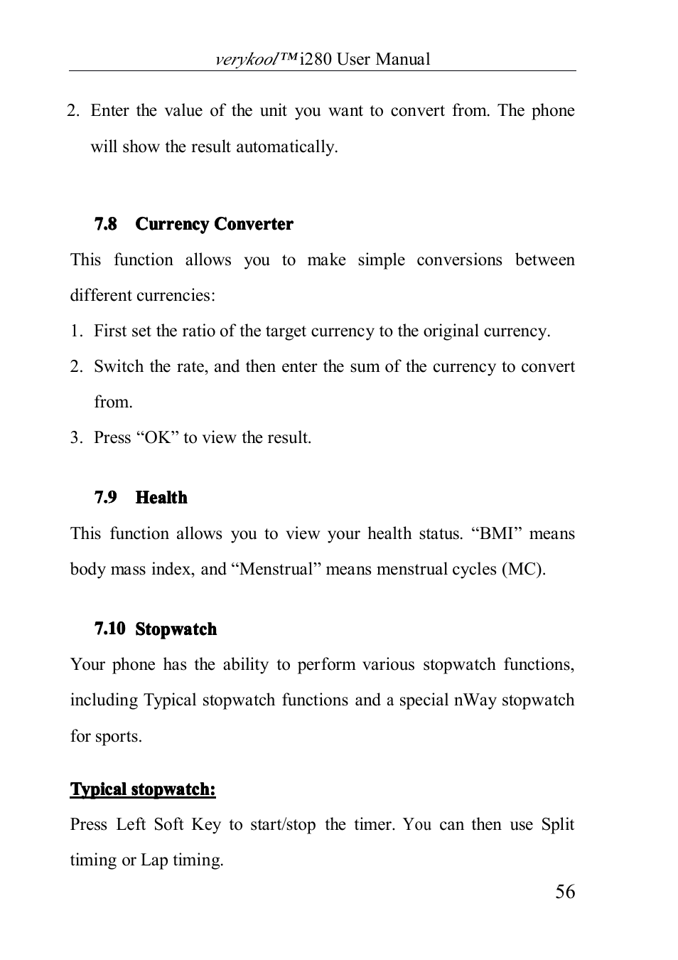 Currencyconverter, Health, Stopwatch | 8 currency converter, 9 health, 10 stopwatch | Verykool i280 User Manual | Page 56 / 91