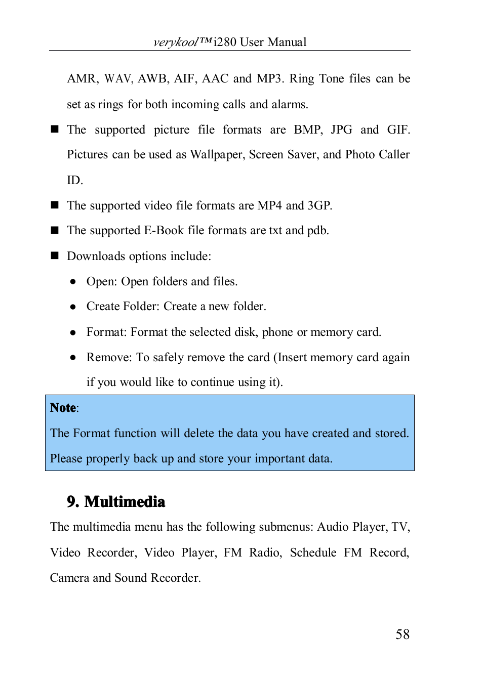 Multimedia, 9. multimedia multimedia multimedia multimedia | Verykool i280 User Manual | Page 58 / 91