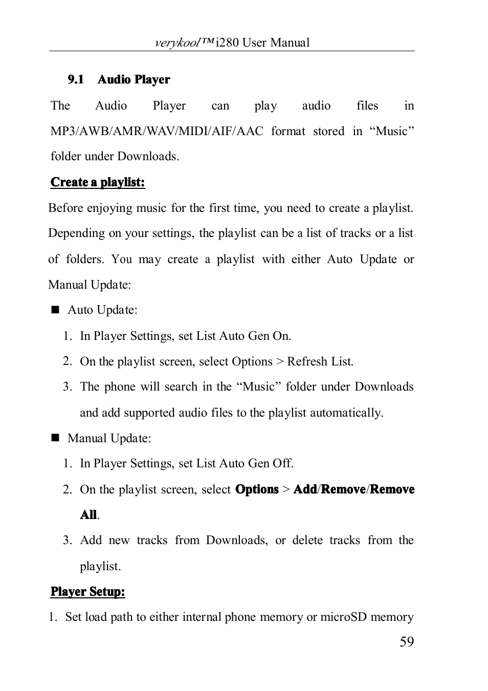 Audioplayer, 1 audio player | Verykool i280 User Manual | Page 59 / 91