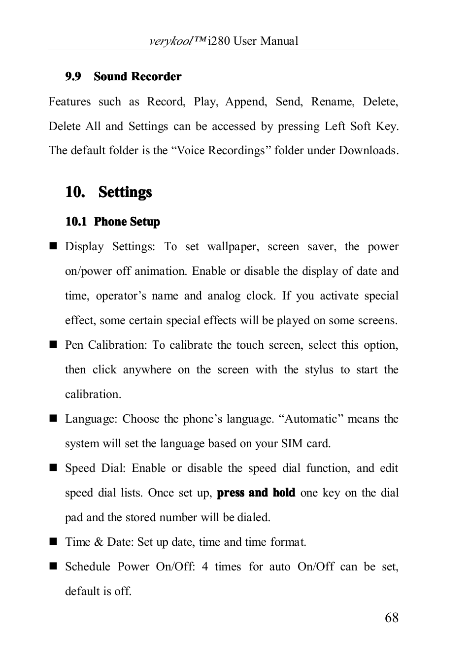 Soundrecorder, Phonesetup, 9 sound recorder | Settings, 1 phone setup, 10. settings settings settings settings | Verykool i280 User Manual | Page 68 / 91