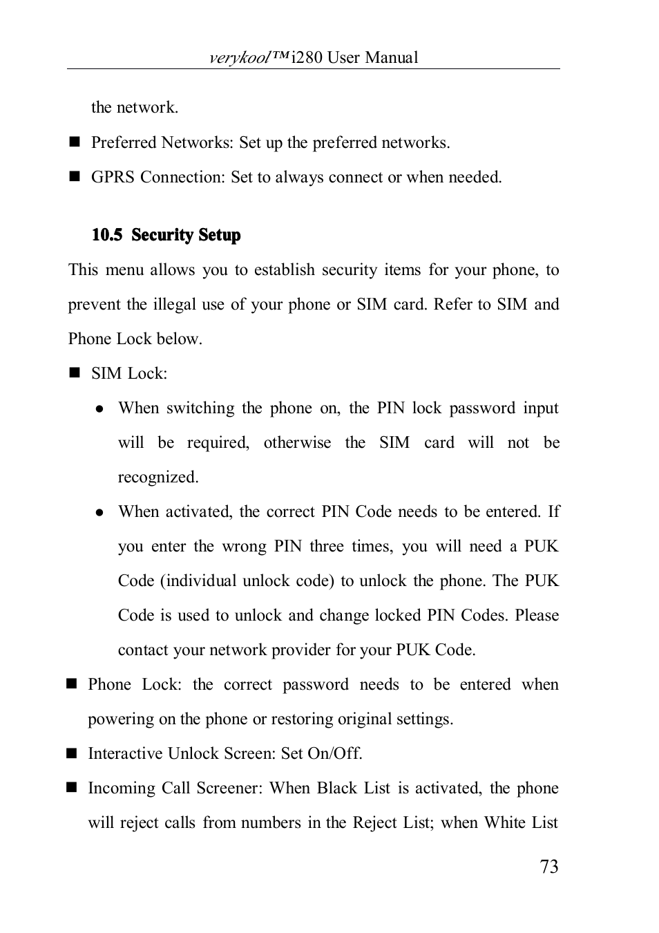 Securitysetup, 5 security setup | Verykool i280 User Manual | Page 73 / 91