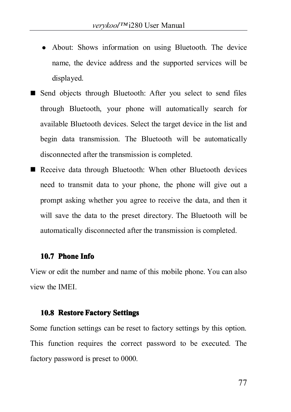 Phoneinfo, Restorefactorysettings, 7 phone info | 8 restore factory settings | Verykool i280 User Manual | Page 77 / 91