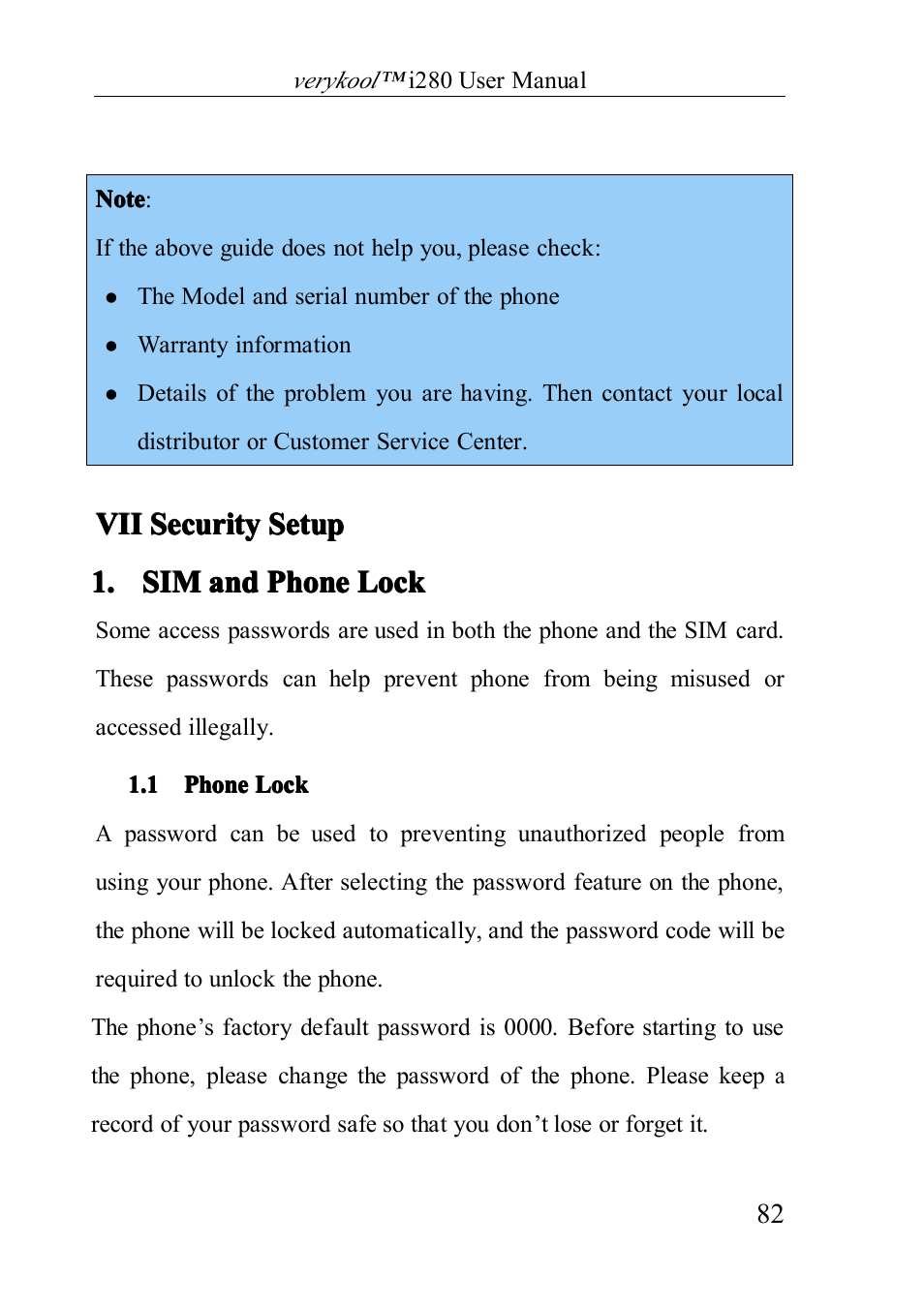 Phonelock, Vii security setup, Sim and phone lock | 1 phone lock | Verykool i280 User Manual | Page 82 / 91