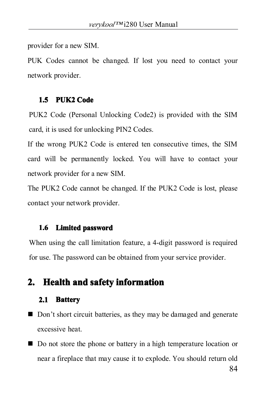 Puk2code, Limitedpassword, Battery | 5 puk2 code, 6 limited password, Health and safety information, 1 battery | Verykool i280 User Manual | Page 84 / 91