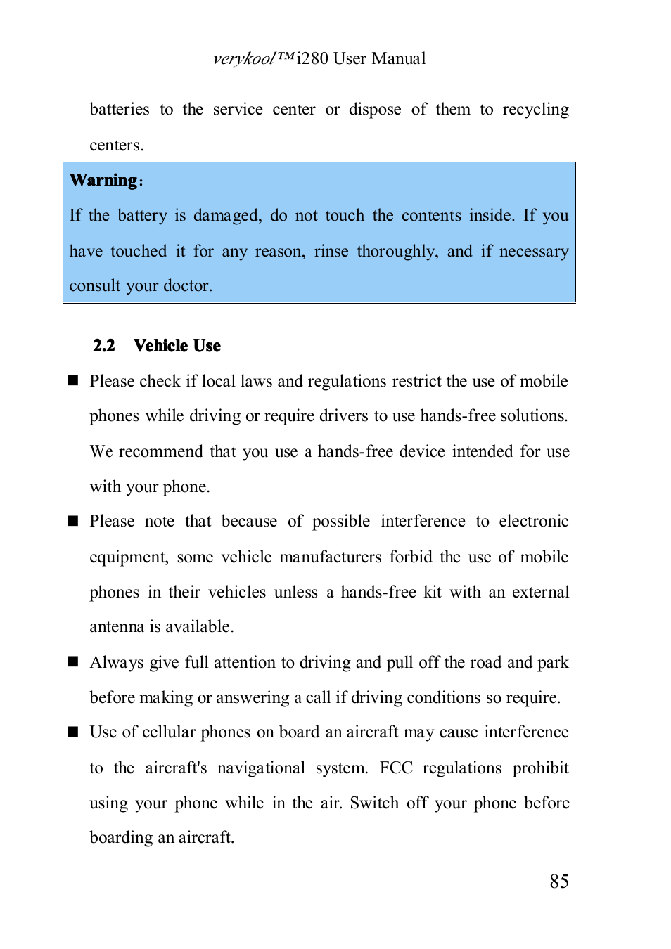 Vehicleuse, 2 vehicle use | Verykool i280 User Manual | Page 85 / 91
