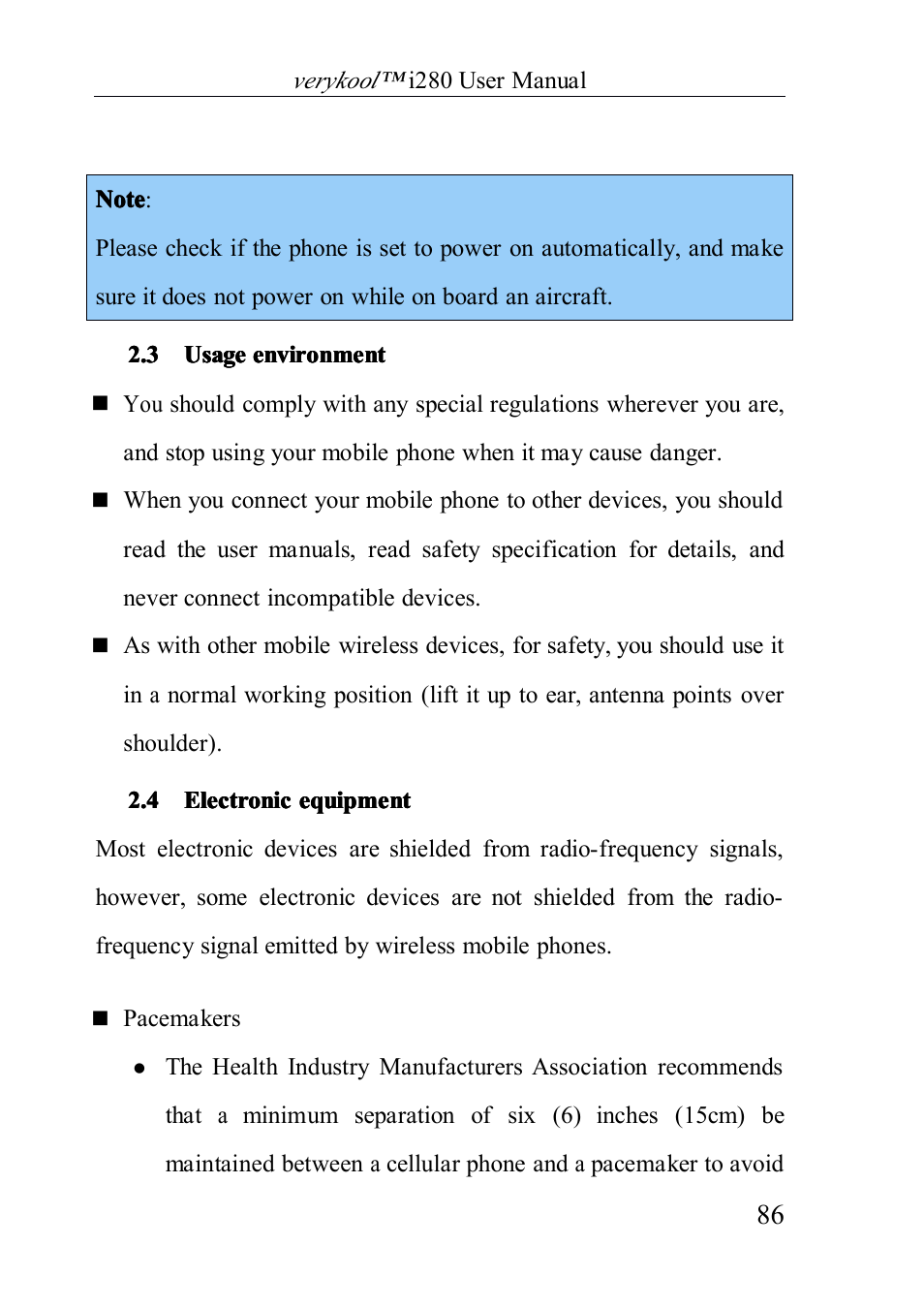 Usageenvironment, Electronicequipment, 3 usage environment | 4 electronic equipment | Verykool i280 User Manual | Page 86 / 91