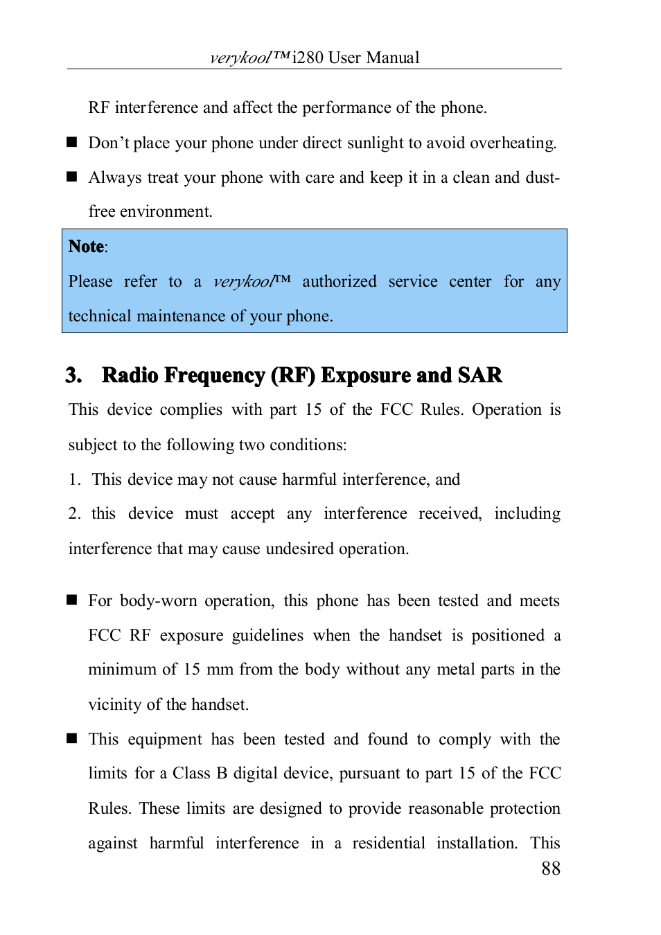 Radio frequency (rf) exposure and sar | Verykool i280 User Manual | Page 88 / 91