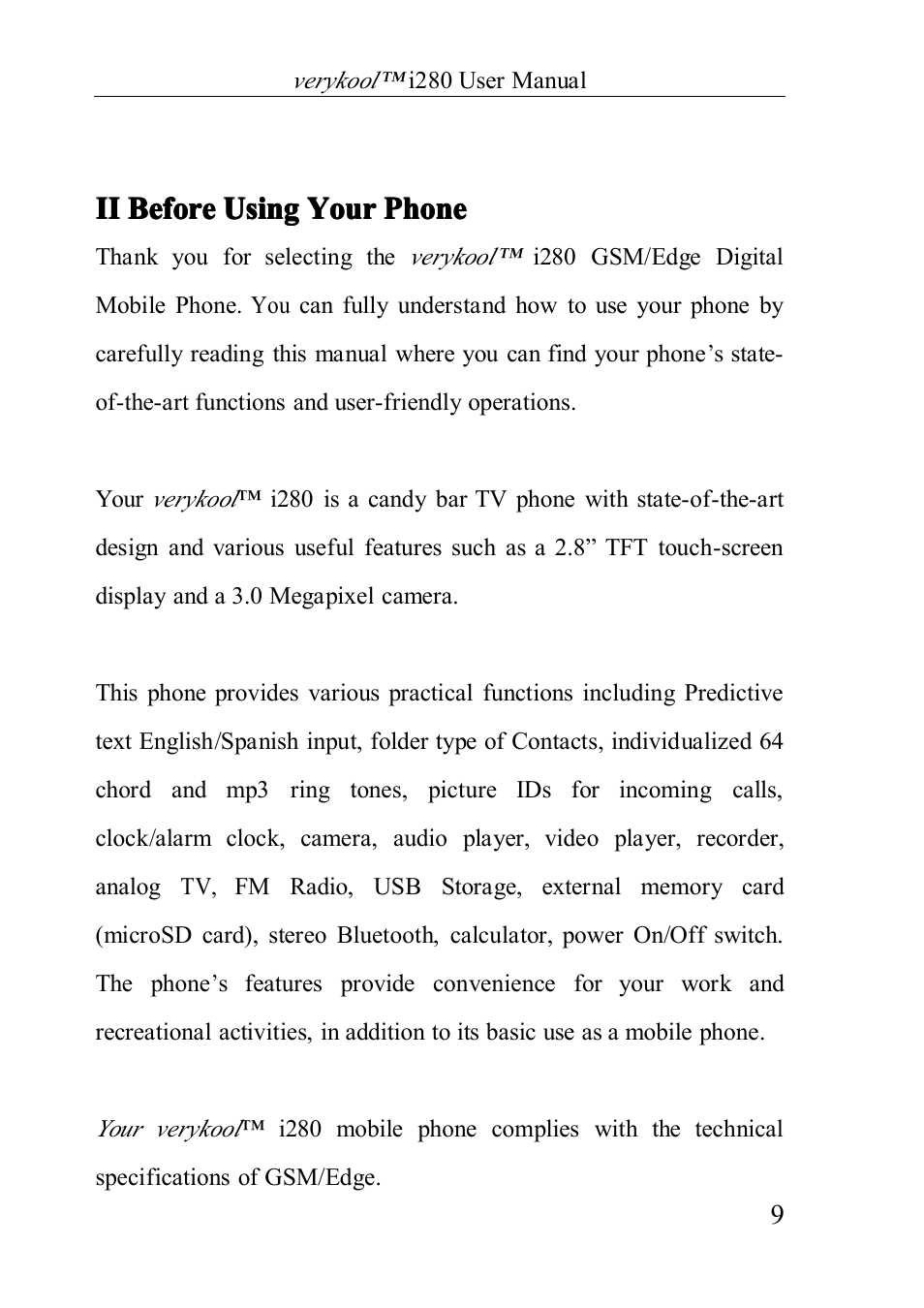 Ii before using your phone | Verykool i280 User Manual | Page 9 / 91