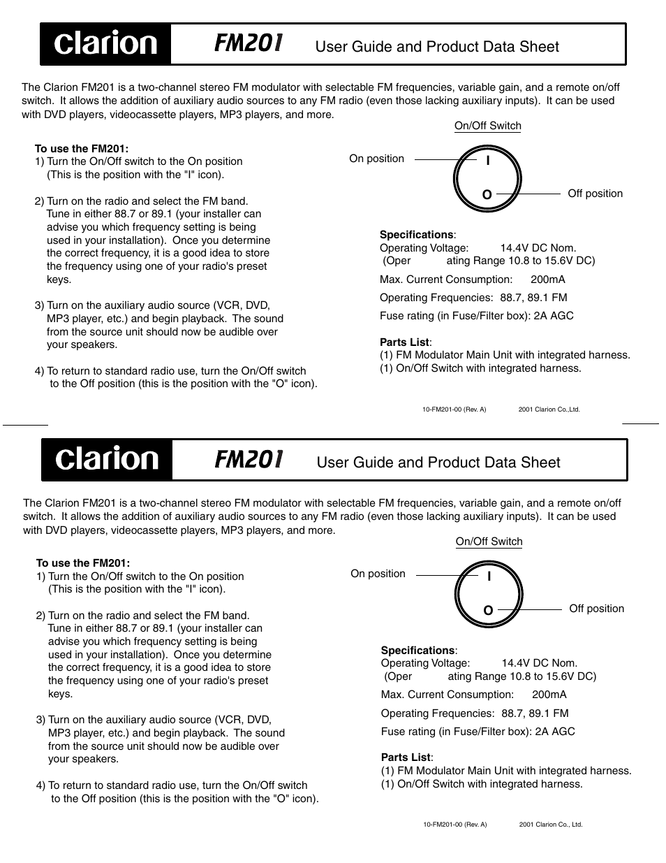 Clarion FM201 User Manual | 2 pages