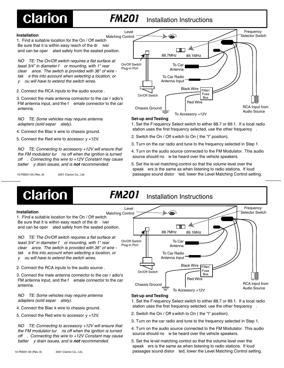 Installation instructions | Clarion FM201 User Manual | Page 2 / 2