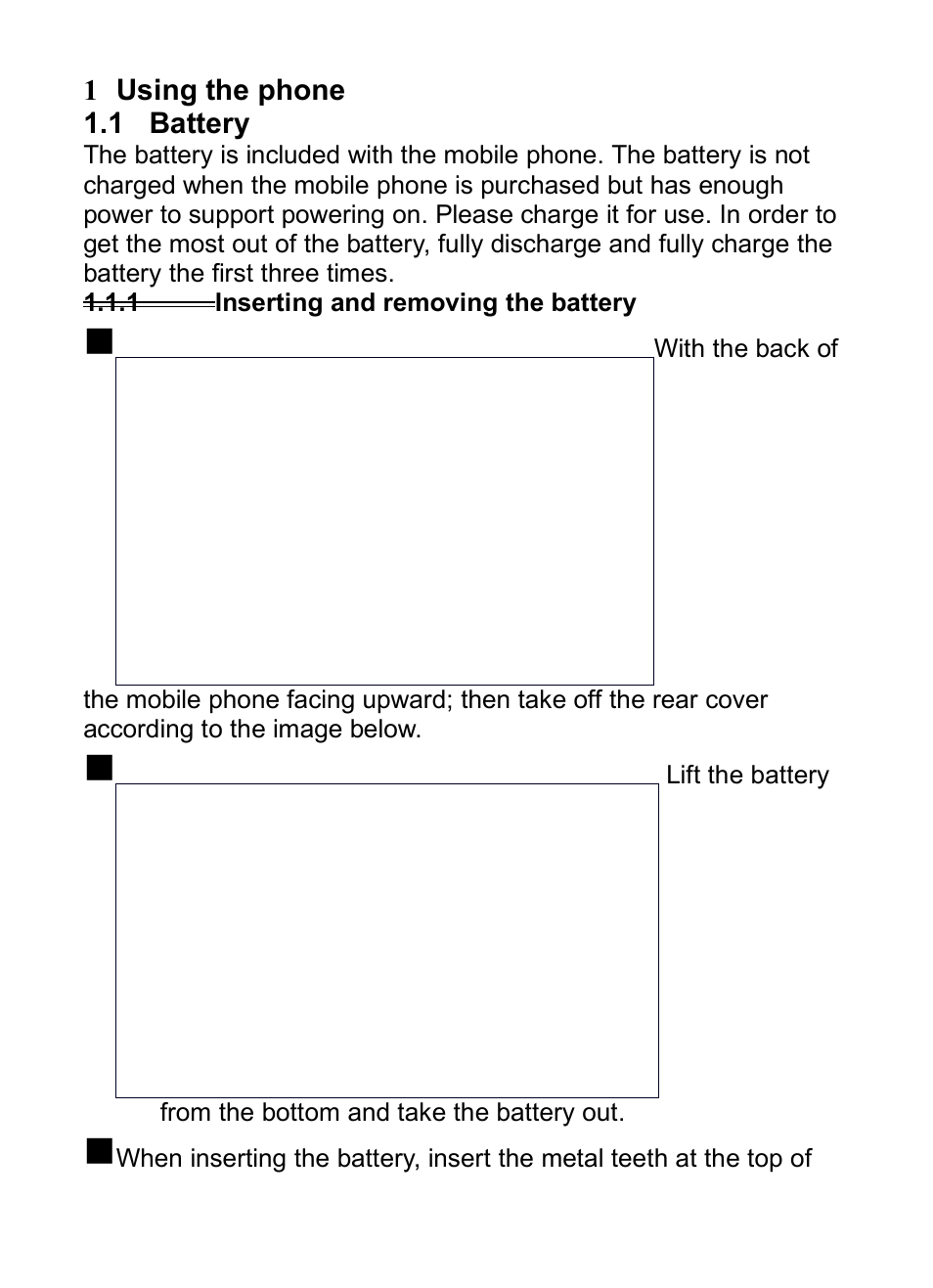 1 using the phone, 1 battery, 1 inserting and removing the battery | 1using the phone, Attery, 1inserting and removing the battery | Verykool i285 User Manual | Page 12 / 46