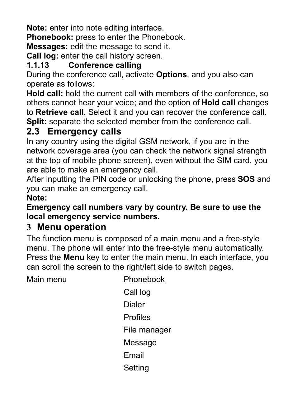13 conference calling, 3 emergency calls, 3 menu operation | 13conference calling, Mergency, Calls, 3menu operation | Verykool i285 User Manual | Page 22 / 46