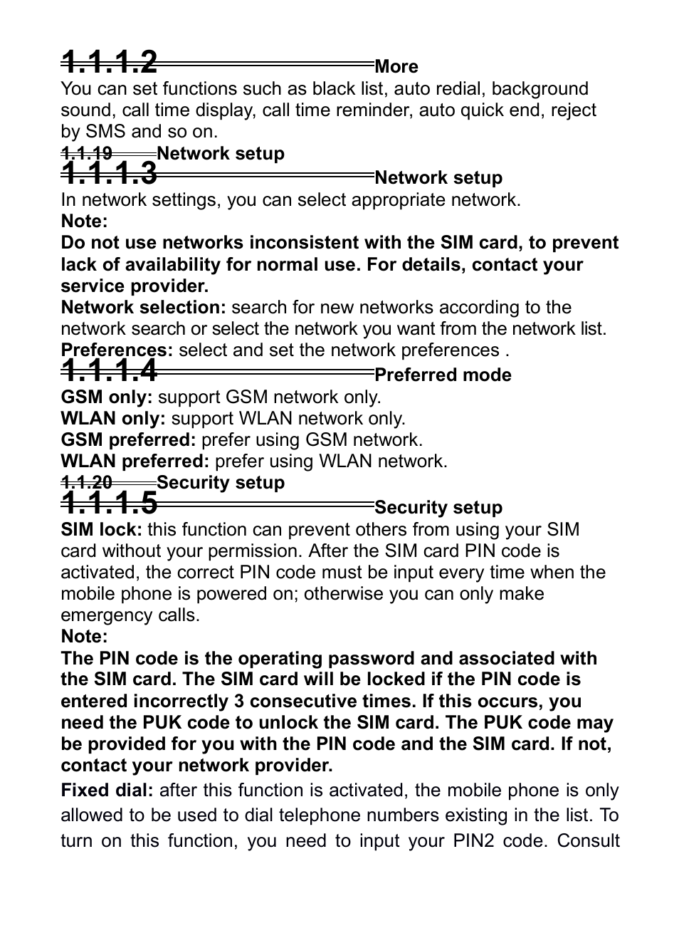 2 more, 19 network setup, 3 network setup | 4 preferred mode, 20 security setup, 5 security setup, 19network setup, 20security setup | Verykool i285 User Manual | Page 31 / 46