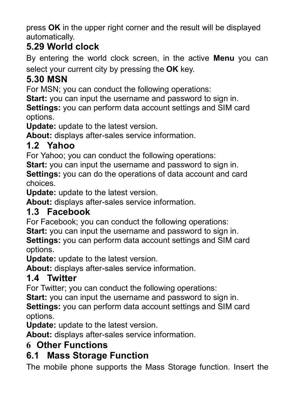 29 world clock, 30 msn, 2 yahoo | 3 facebook, 4 twitter, 6 other functions, 1 mass storage function, Orld, Clock, 30msn | Verykool i285 User Manual | Page 43 / 46