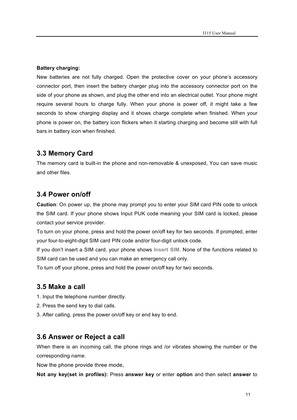 4 power on/off, 5 make a call, 6 answer or reject a call | Verykool i315 User Manual | Page 11 / 44