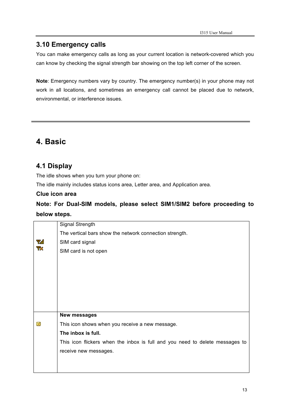 Basic, 10 emergency calls, 1 display | Verykool i315 User Manual | Page 13 / 44