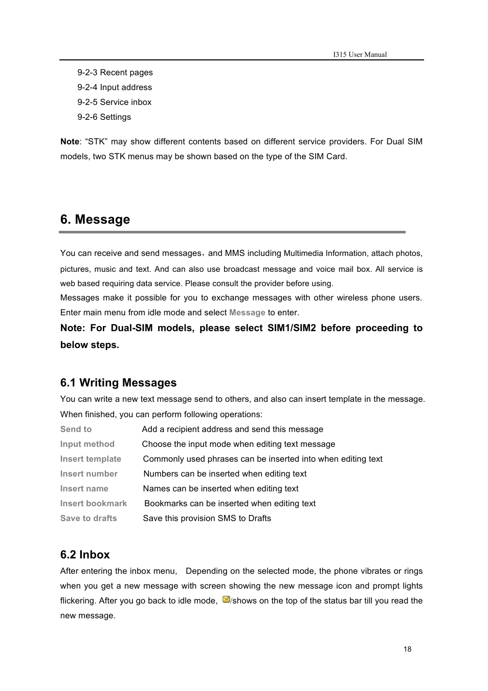 Message, 1 writing messages, 2 inbox | Verykool i315 User Manual | Page 18 / 44