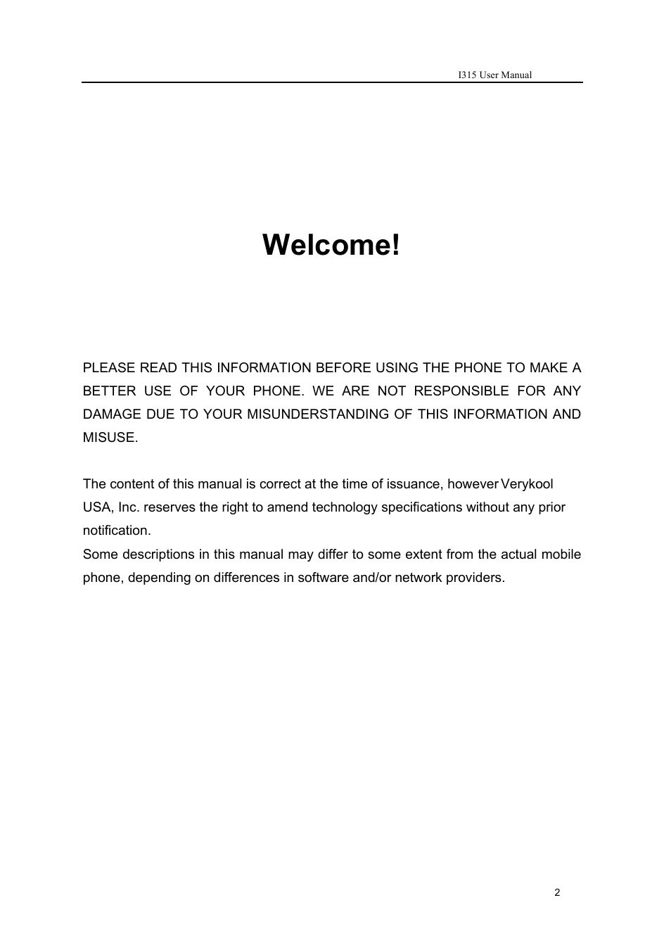 Welcome | Verykool i315 User Manual | Page 2 / 44