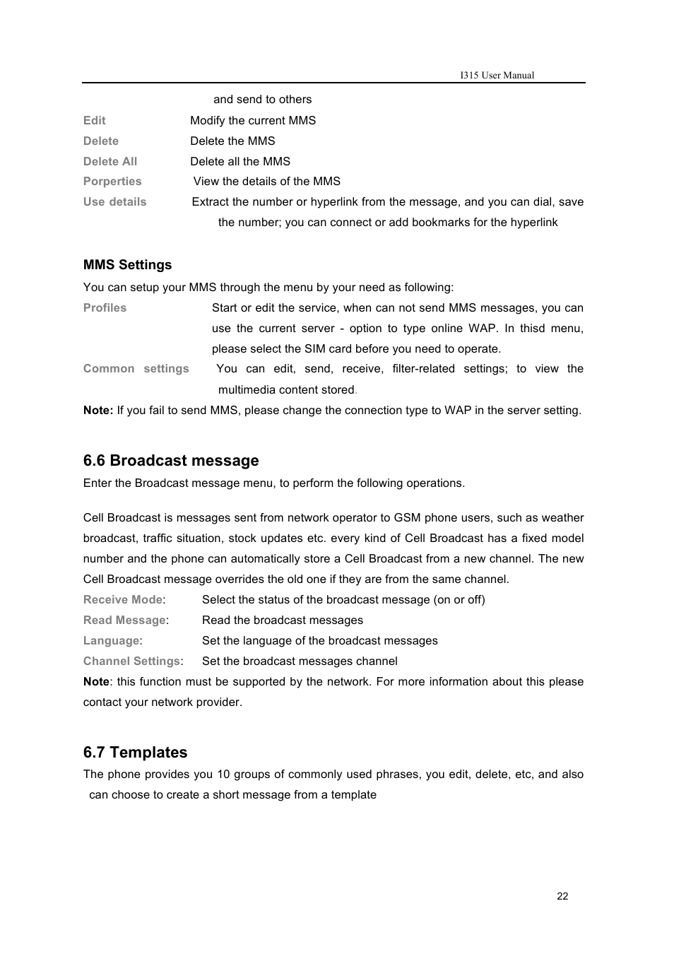 6 broadcast message, 7 templates | Verykool i315 User Manual | Page 22 / 44