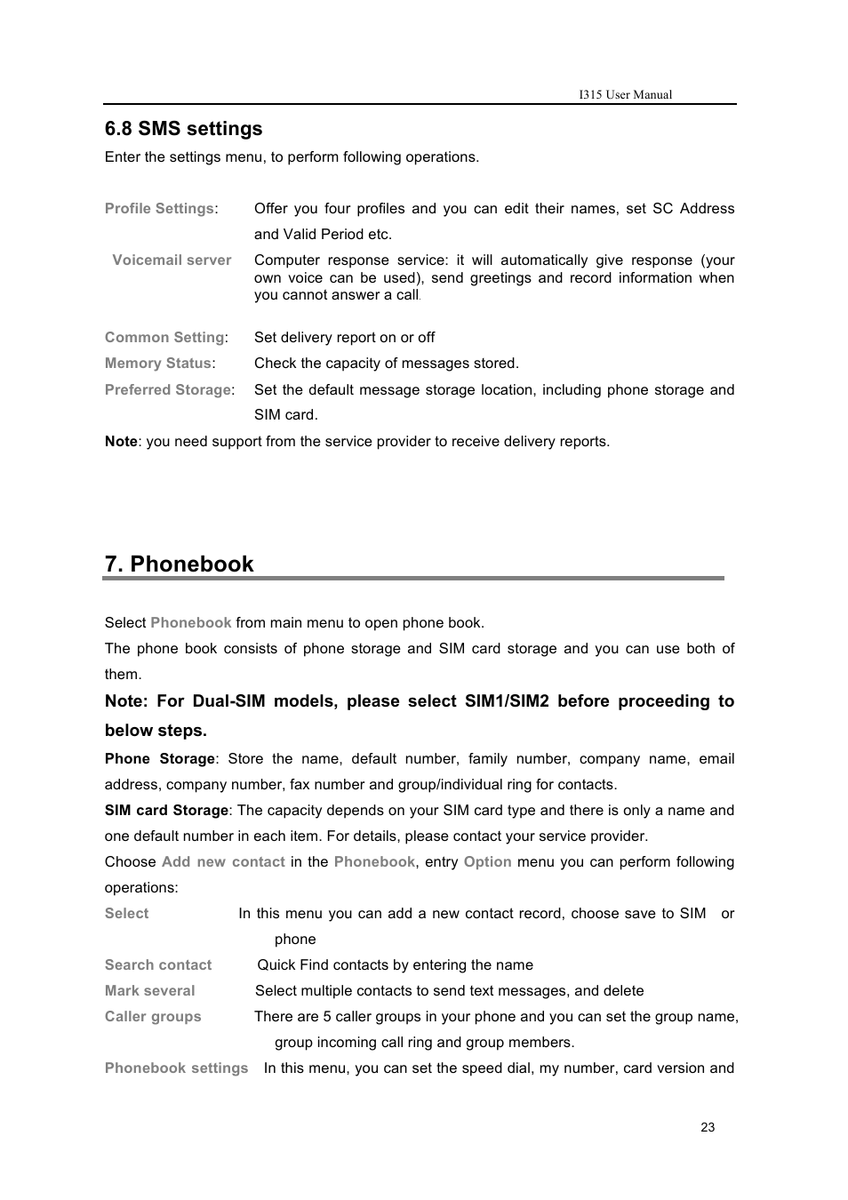 Phonebook, 8 sms settings | Verykool i315 User Manual | Page 23 / 44