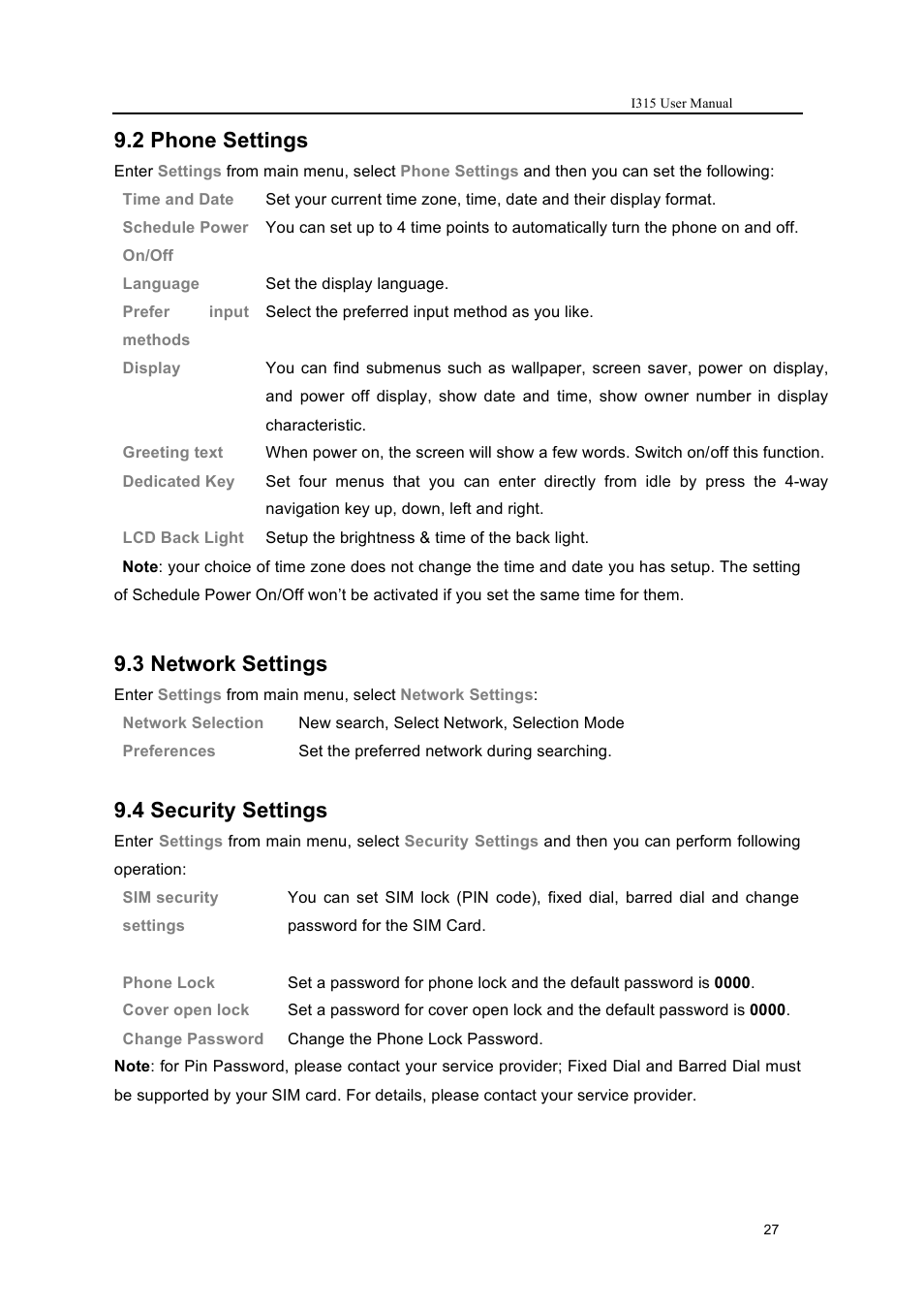 2 phone settings, 3 network settings, 4 security settings | Verykool i315 User Manual | Page 27 / 44
