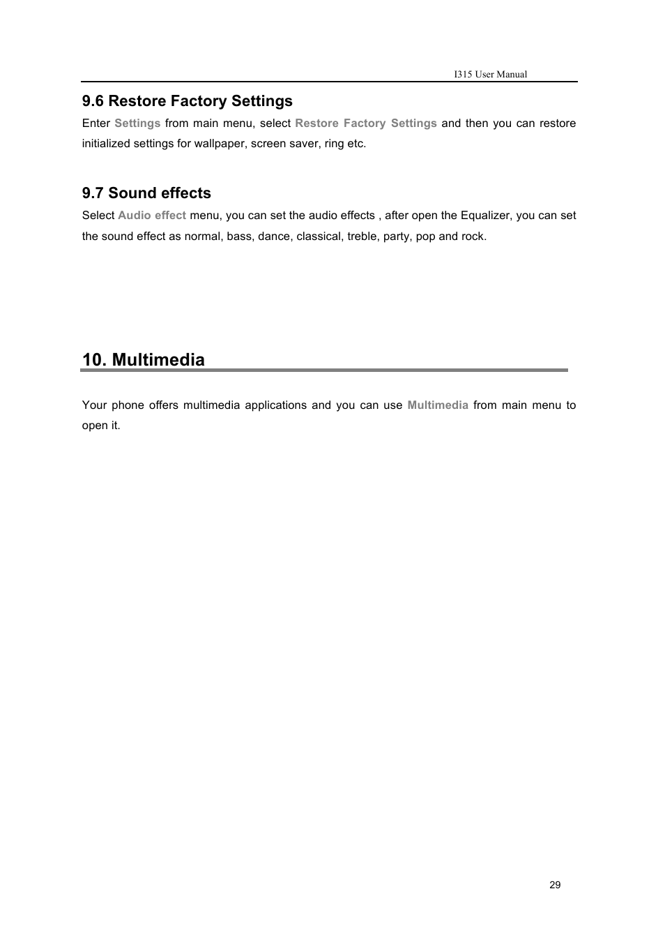 Multimedia, 6 restore factory settings, 7 sound effects | Verykool i315 User Manual | Page 29 / 44