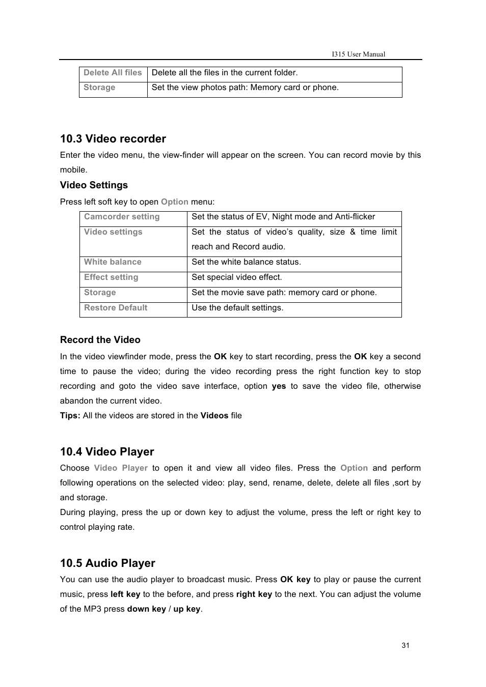 3 video recorder, 4 video player, 5 audio player | Verykool i315 User Manual | Page 31 / 44