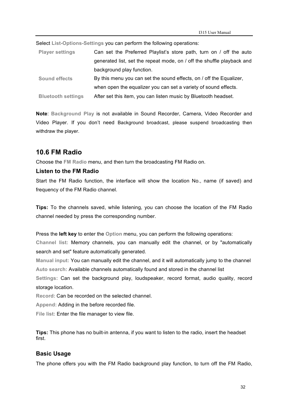 6 fm radio | Verykool i315 User Manual | Page 32 / 44