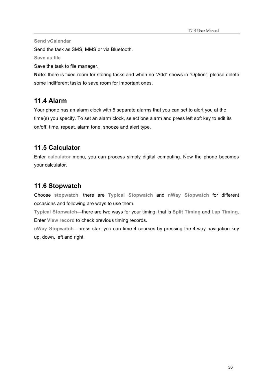 4 alarm, 5 calculator, 6 stopwatch | Verykool i315 User Manual | Page 36 / 44