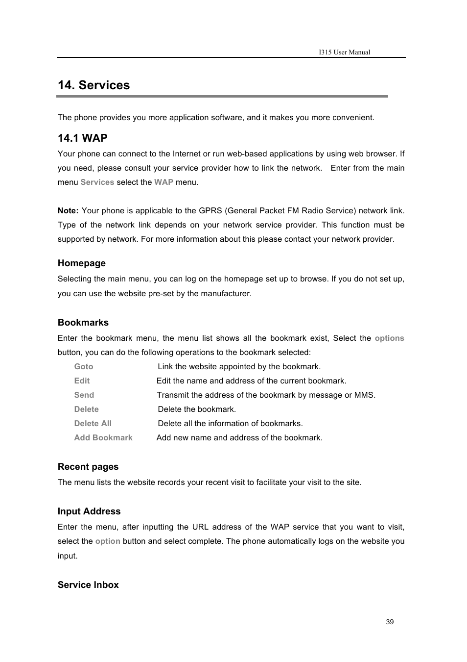 Services, 1 wap | Verykool i315 User Manual | Page 39 / 44