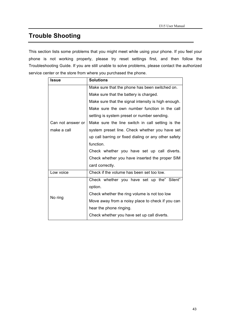 Trouble shooting | Verykool i315 User Manual | Page 43 / 44