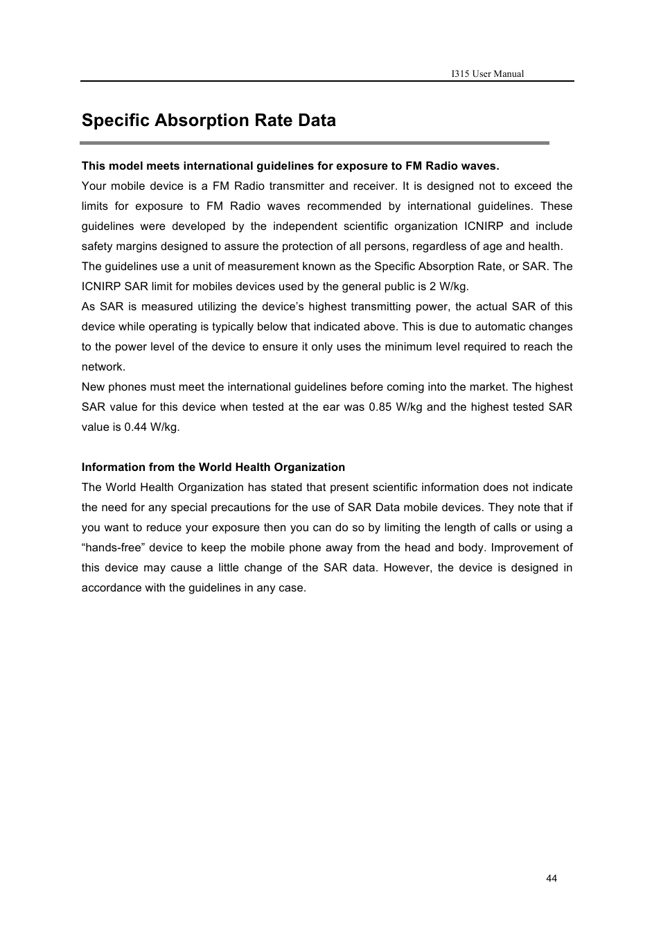 Specific absorption rate data | Verykool i315 User Manual | Page 44 / 44