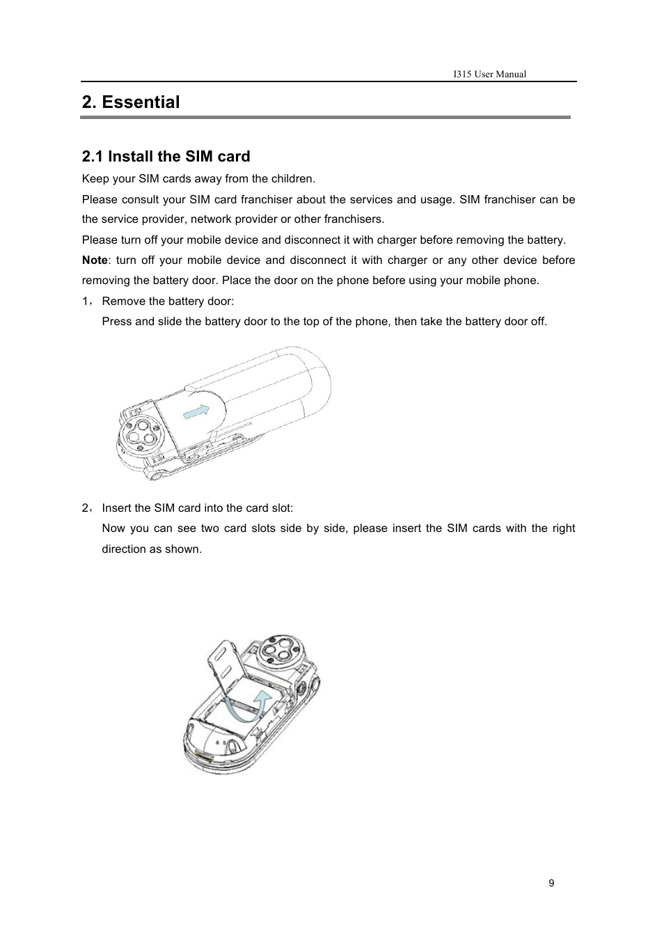 Essential, 1 install the sim card | Verykool i315 User Manual | Page 9 / 44